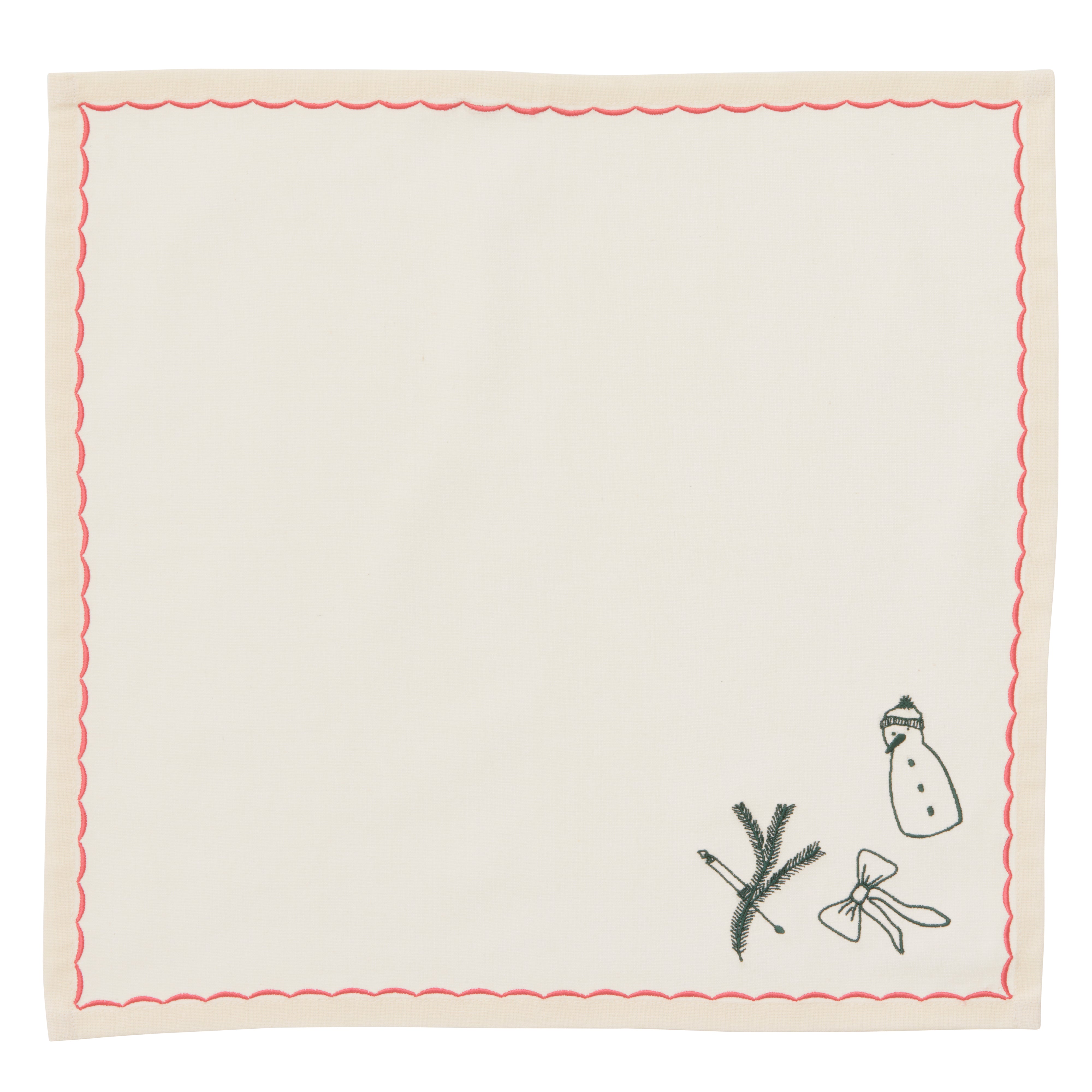 Julebroderet mundserviet, pink/grøn - 40x40 cm.